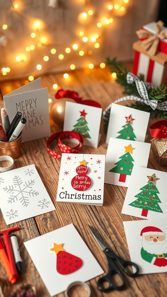 A collection of colorful handmade Christmas cards with festive designs on a wooden table, surrounded by craft supplies.